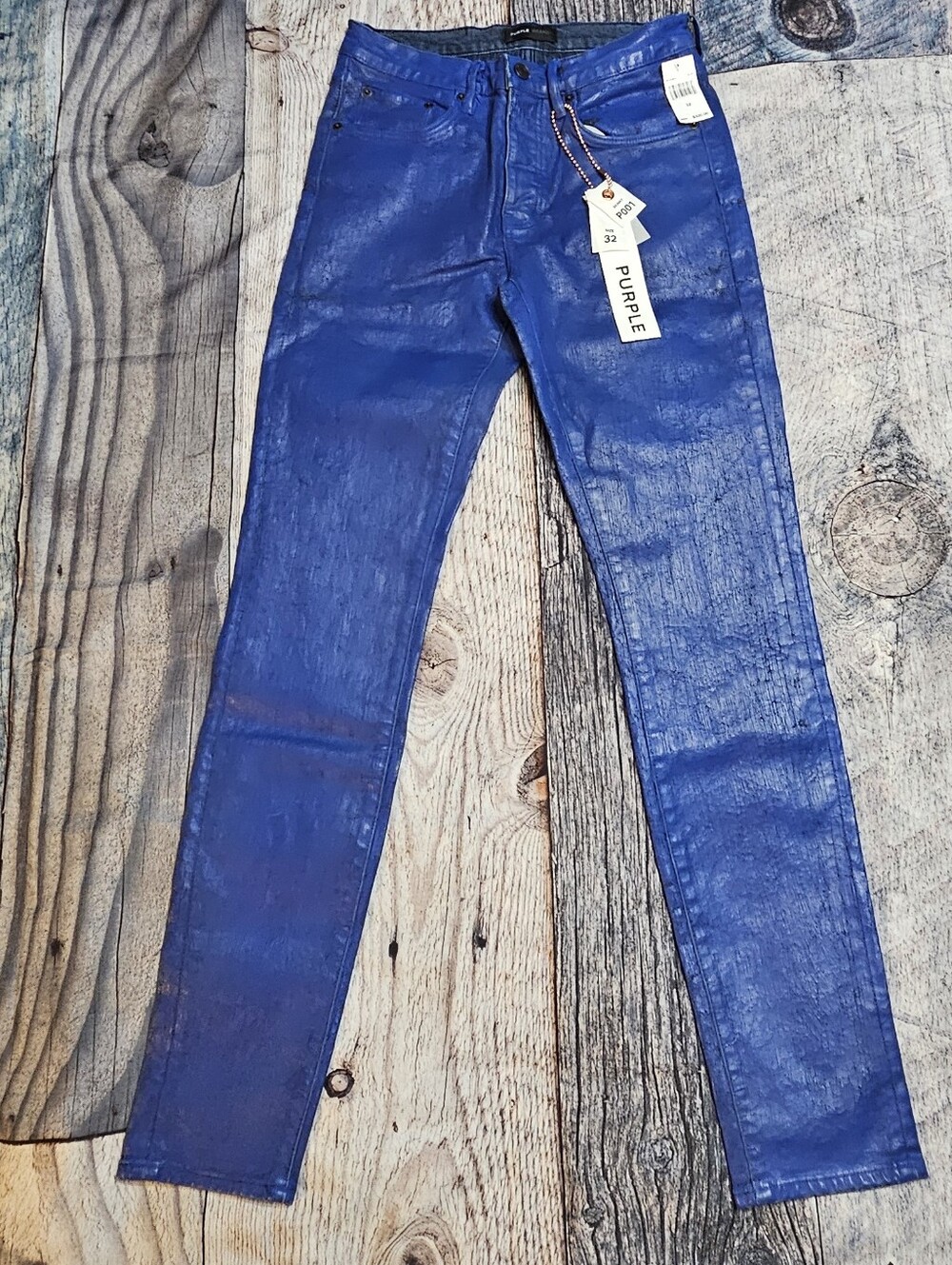 Purple Brand POO1 Skinny Jeans in Blue Hue Crackle Paint & Foil Men's Size 32